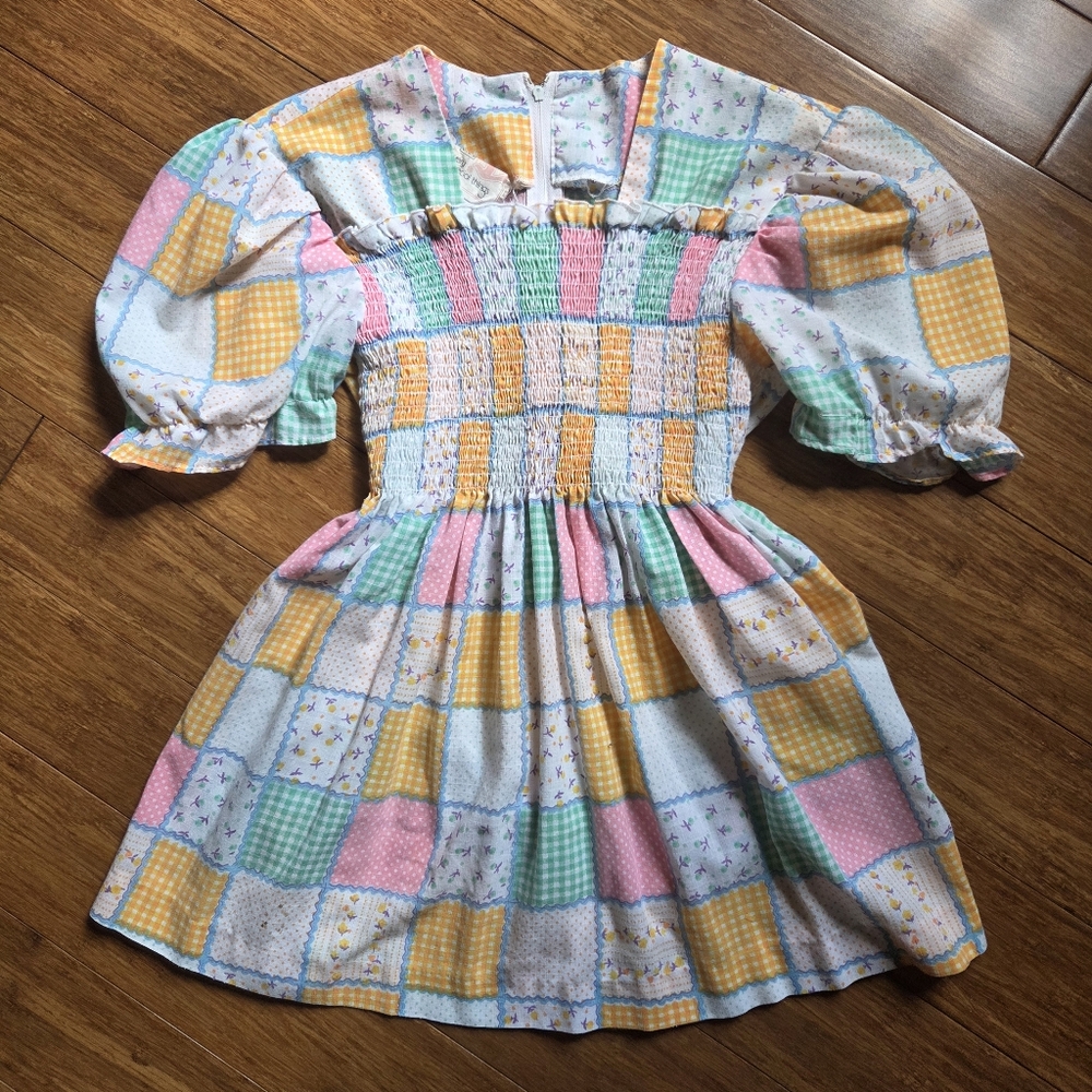 Vintage Sears Colorful Patchwork Smocked Blouse with Puff Sleeves Tie